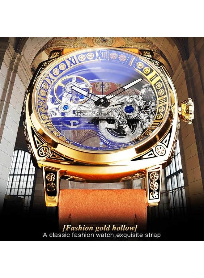 FORSINING Men's Luxury Square Carving Mechanical Watch, Retro Totem Double Sided Hollow Skeleton Self-Wind Automatic Watches, Vintage Leather Strap Wristwatch Reloj para Hombre - Image 3